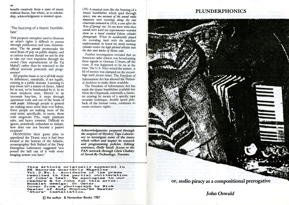 『Rē Records Quarterly Vol. 2 No. 1』予約購読者特典の冊子John Oswaldの『PLUNDERPHONICS』